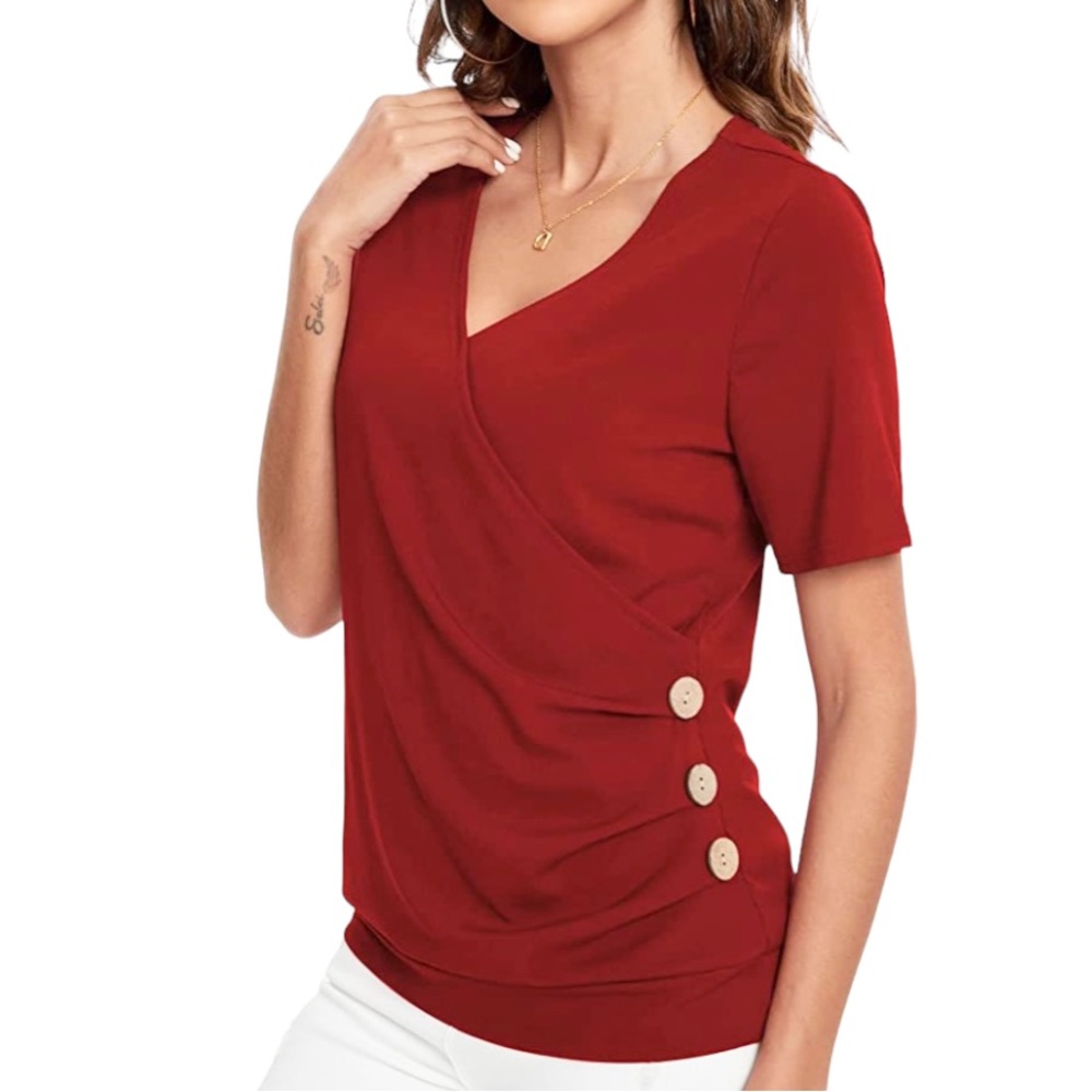 Weiyan Women's V Neck Wrap Short Sleeve Side Ruched Top